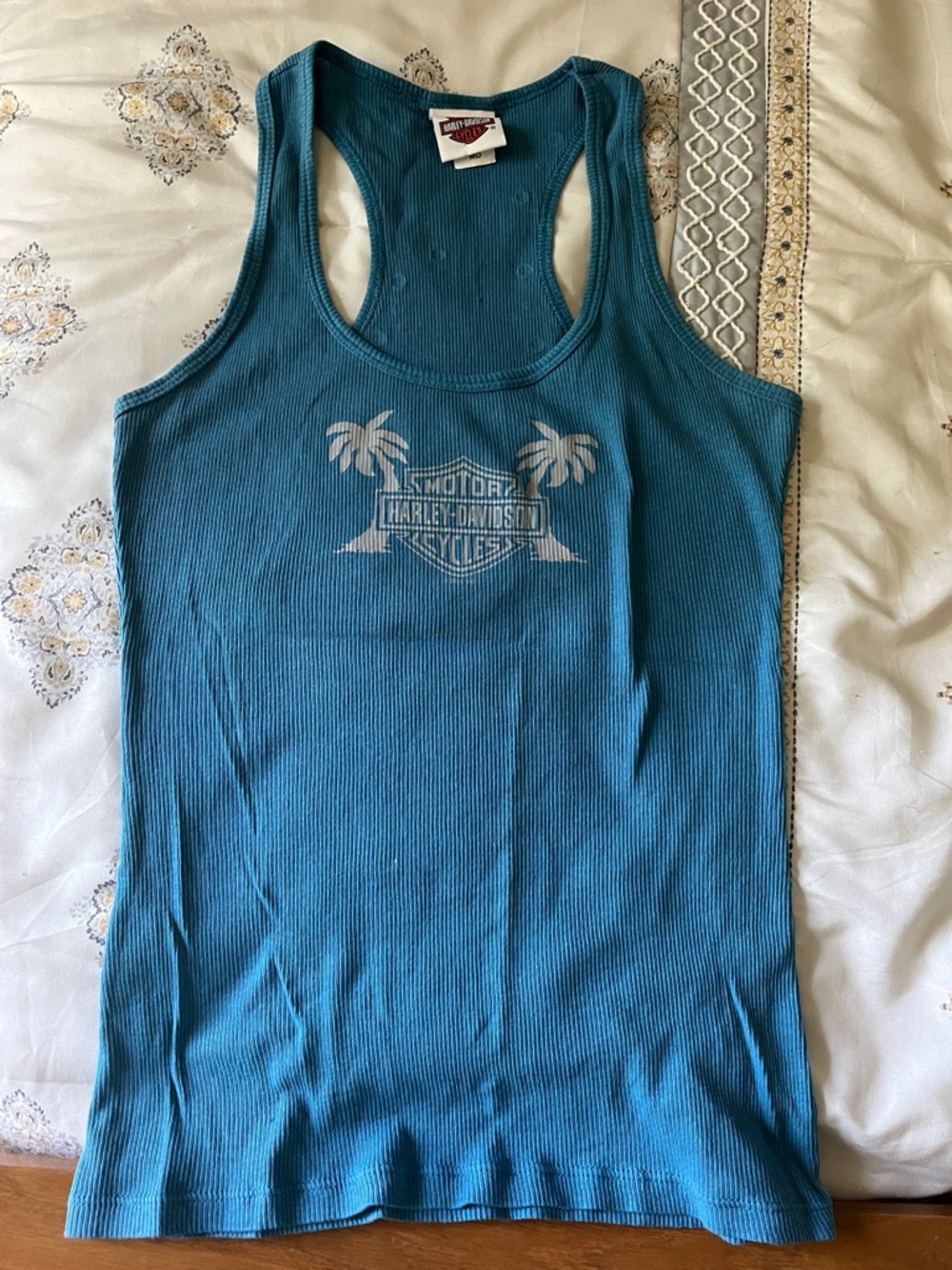 Harley-Davidson Women's Teal Ribbed Racerback Tank with Palm Logo
